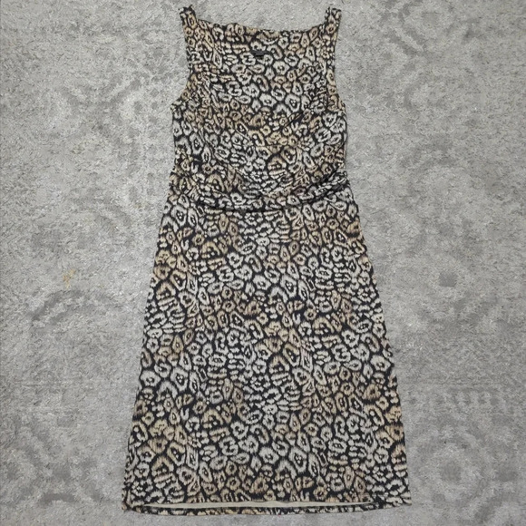 ANN TAYLOR Sleeveless Square Neck Leopard Fitted Knee Length Dress, Ruched Sides - Picture 12 of 15
